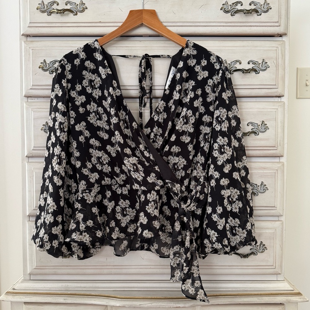 Black Floral Fairy Faux Wrap Top